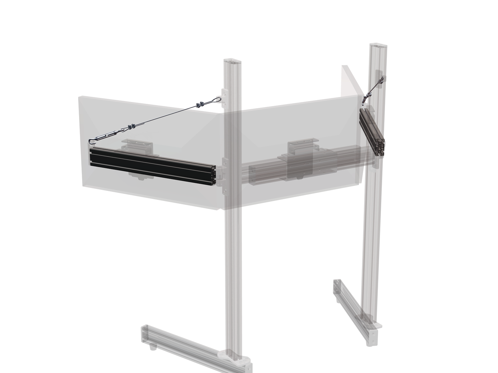 Render of the Triple Monitor Stand from behind: the two side arms with their tension cables and turnbuckles shown solid, the rest of the stand ghosted back