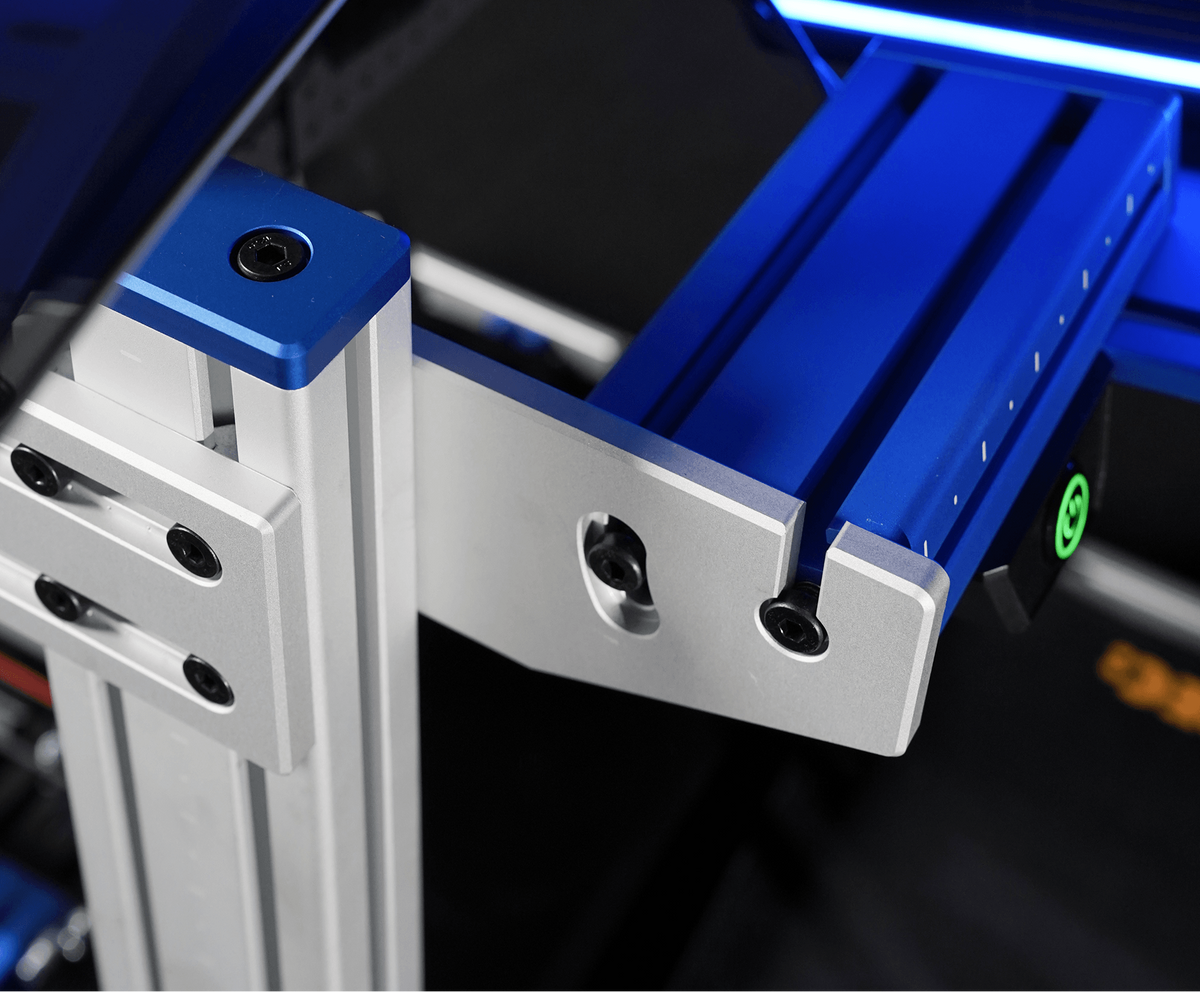 Silver CNC hook bracket seated on a Klein Horizon blue SPEC 282 extrusion, every edge rounded