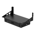 Steel PC tray mounted behind a monitor on a sim rig with hidden cable routing