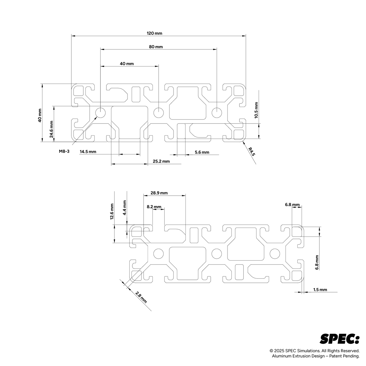 40120 Aluminum Extrusion 1280mm — dimensioned drawing
