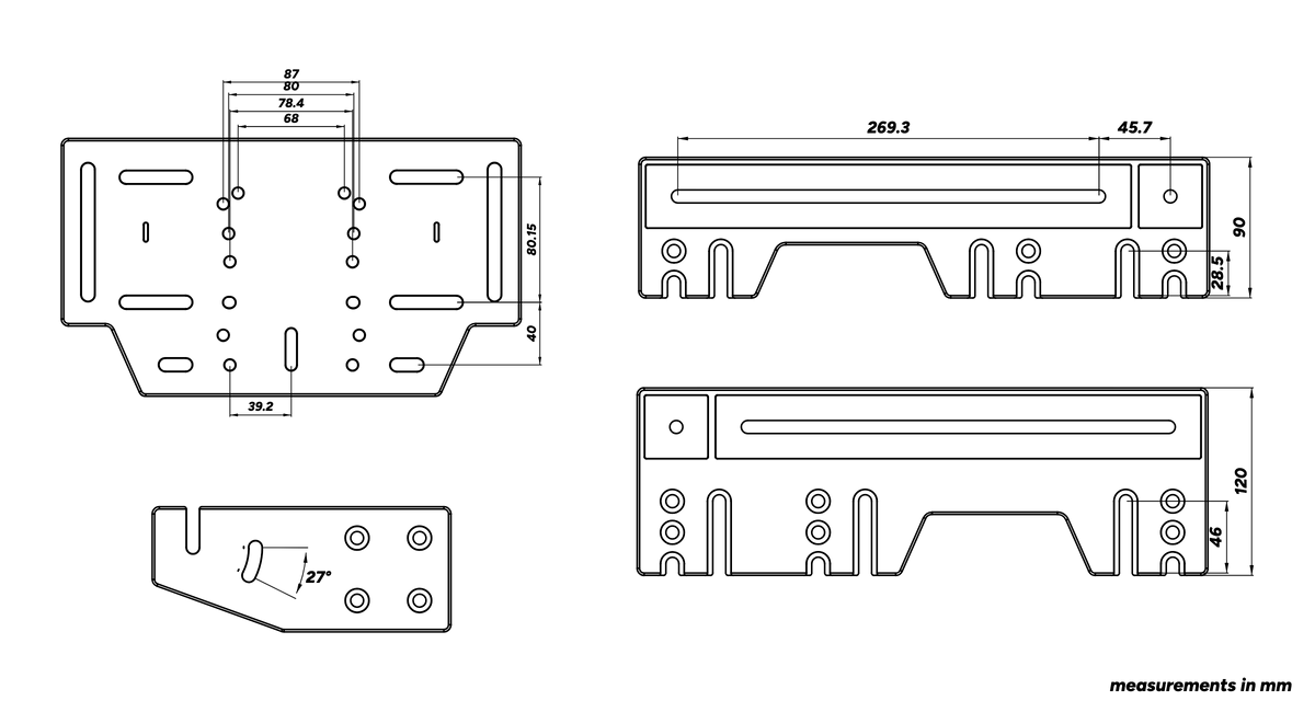 SPEC 282 wheel deck, wheelbase side bracket with its 27° tilt slot, and Side 90 / Side 120 side-plate hole-pattern drawings, measurements in mm, ECN September 2026