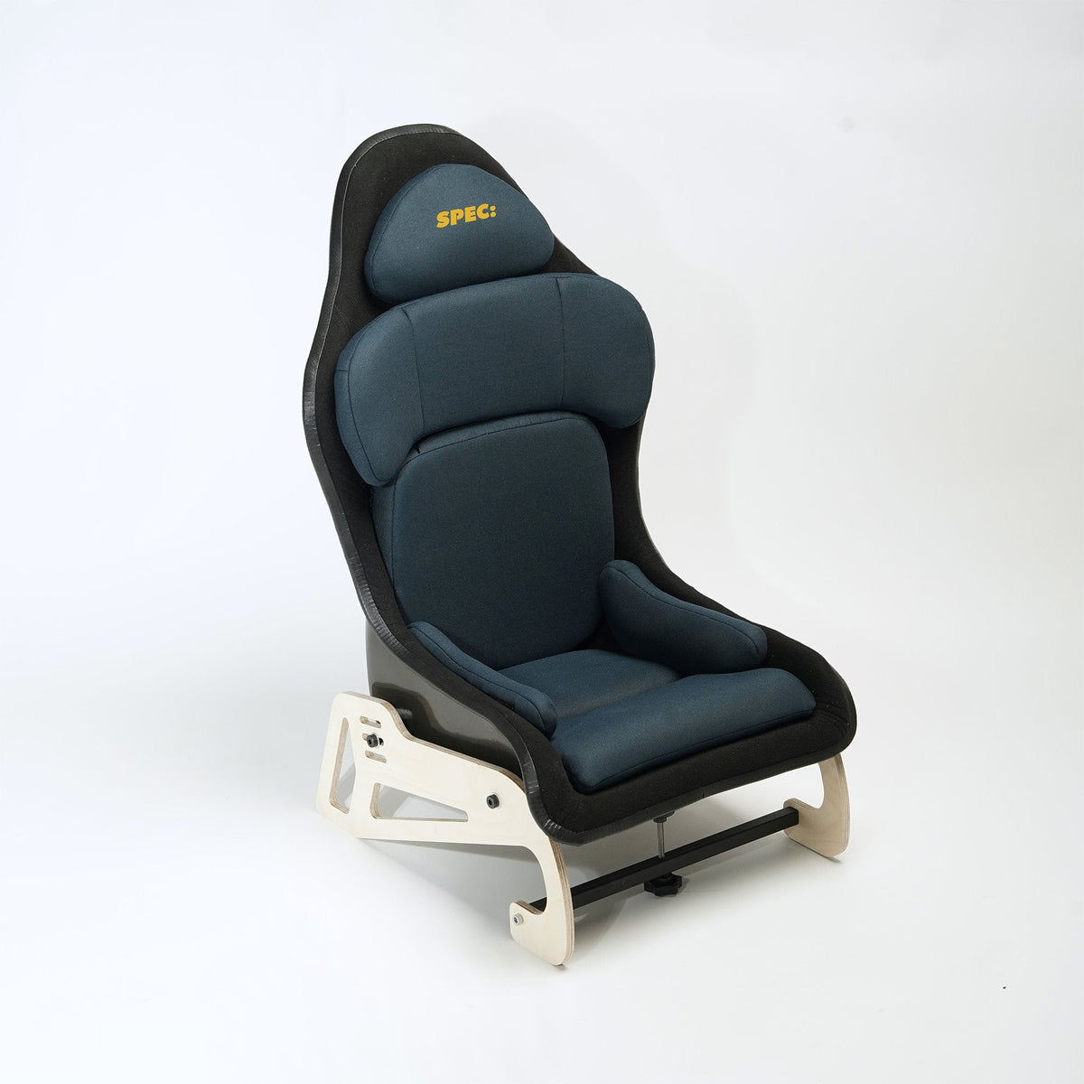 Growth Kit child seat, Dark Blue, on its wood base, white background