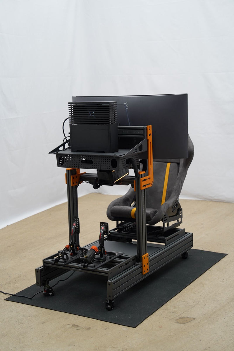 A grey and orange SPEC 282 with a seat and monitor, built for a client in Nanjing
