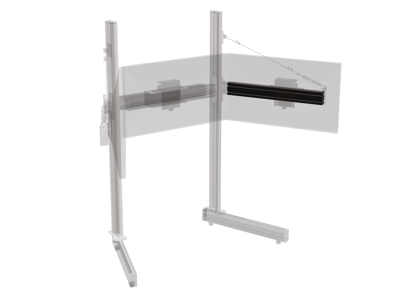 Render of the Triple Monitor Stand, 32–37 inch size: one side arm shown solid while the rest of the stand is ghosted back, so it reads as riding its own extrusion