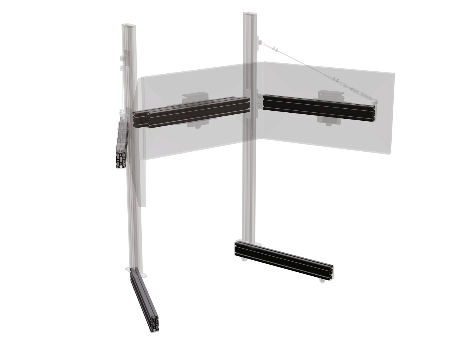 Render of the Triple Monitor Stand with its six horizontal extrusions shown solid — two floor legs, two center bars, two side arms — the rest of the stand ghosted back