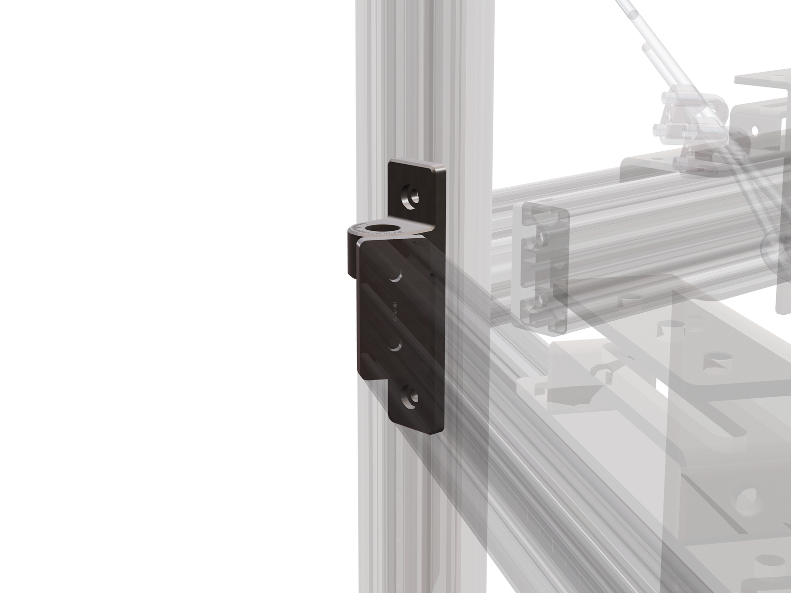 Close render of a side arm meeting its upright post, the hinge assembly shown solid and the surrounding frame ghosted back
