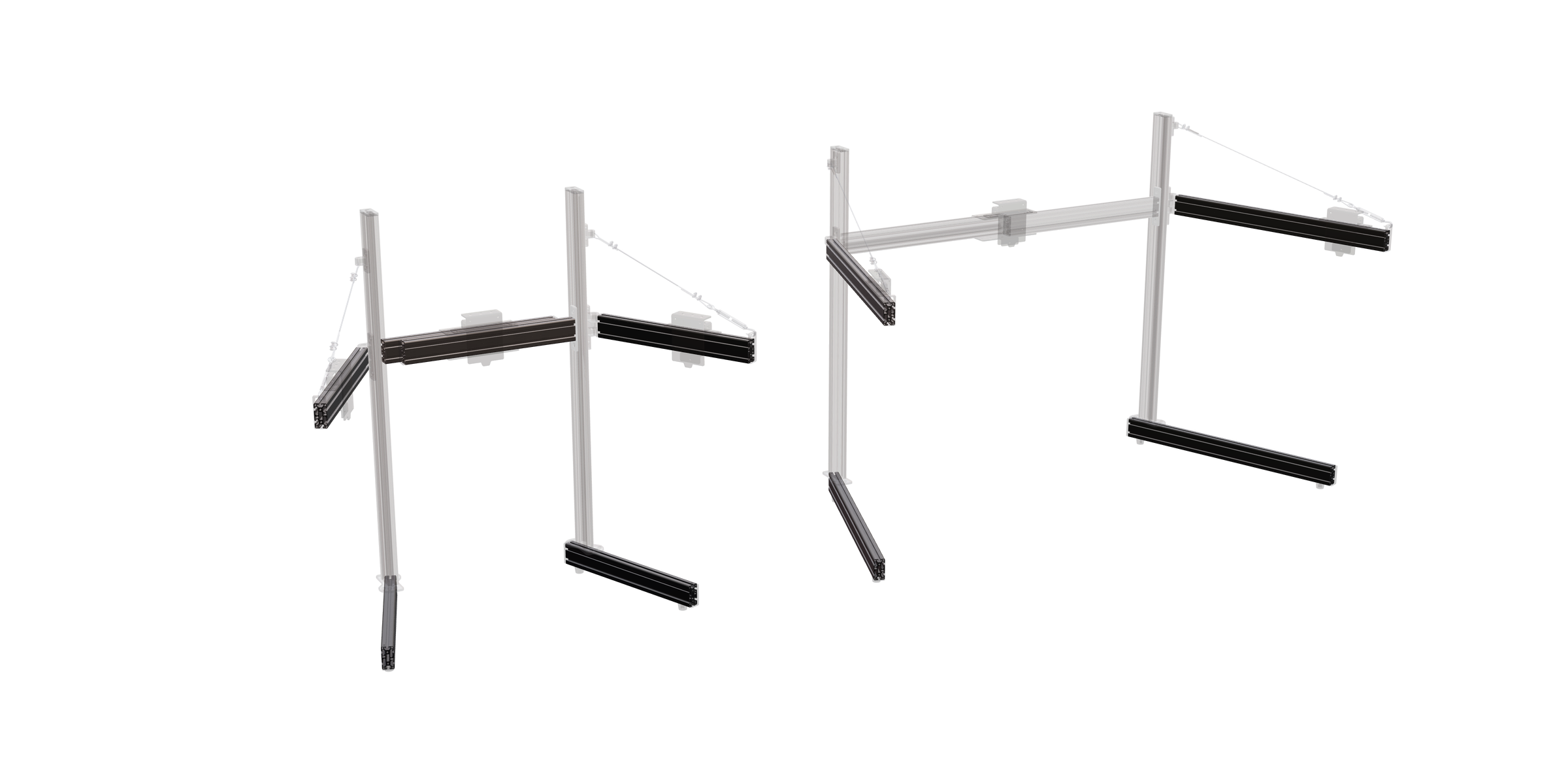 Render of the 32–37 inch and 37–55 inch Triple Monitor Stands side by side, the horizontal extrusions that change between the two sizes shown solid and the rest ghosted back